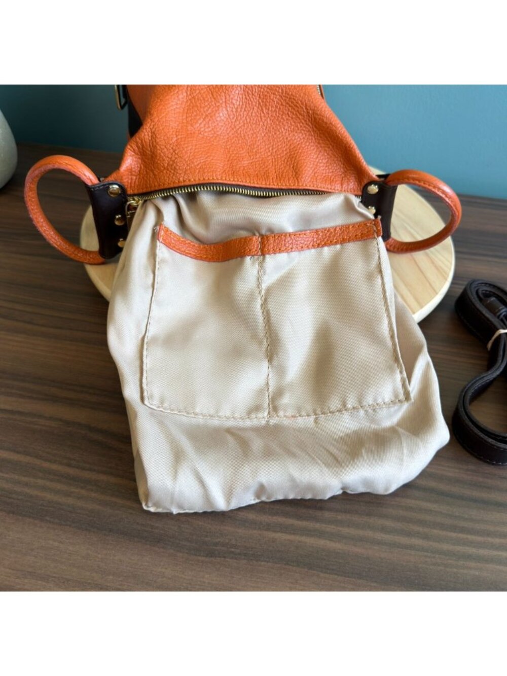 Valentina Italian Leather Shoulder Backpack Pebbled Orange Brown Many Pockets - Picture 15 of 16